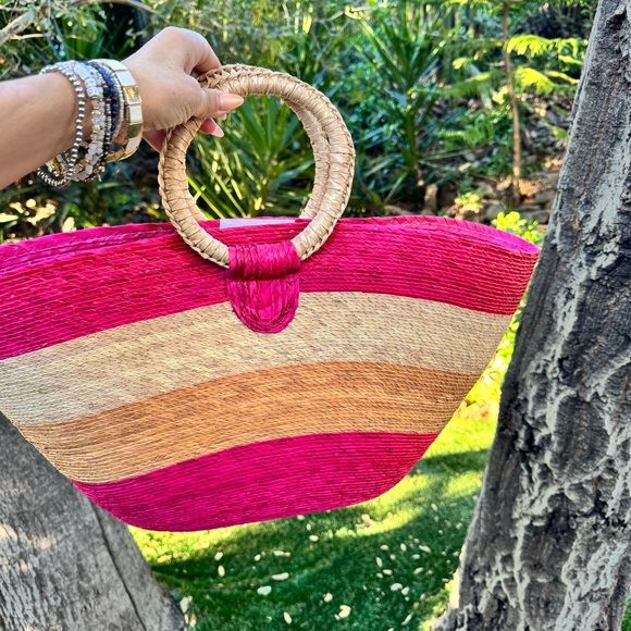 Pink and Tan Woven Tote Bag - Picture 3 of 6